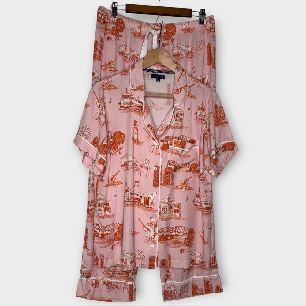 Katie Kime Nashville Toile Pajamas Set Shirt Pants Size Pink Orange Size Medium